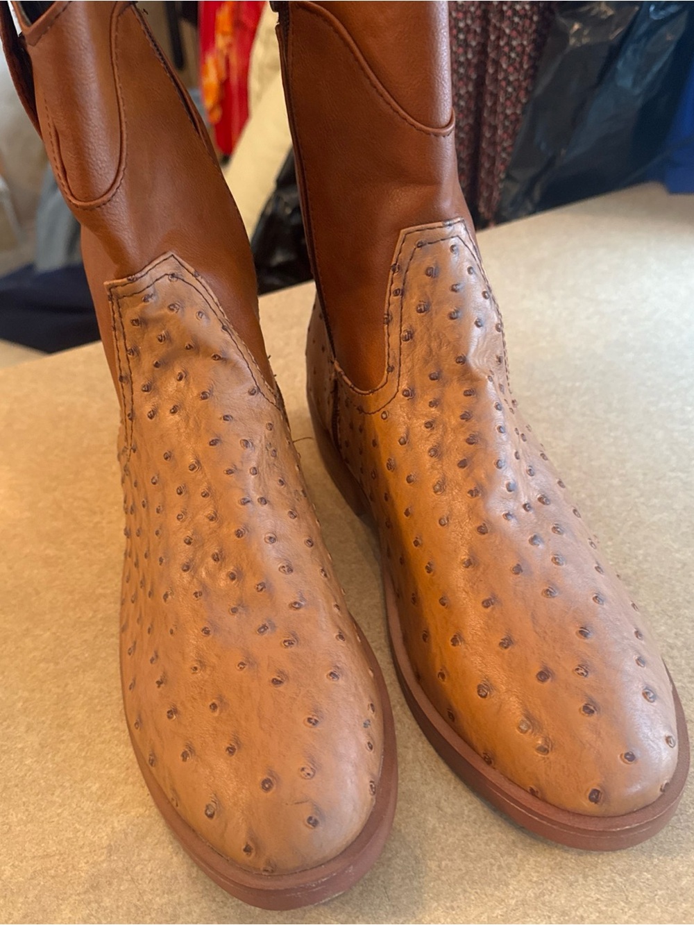 Dahongma Fashion Brown Round Toe Ostrich Pattern Women’s Zip Up Western Boots - Picture 2 of 15